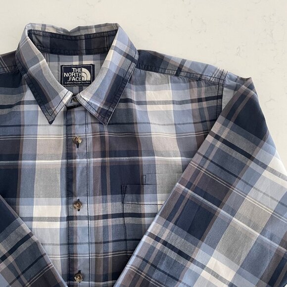 The North Face Casual LS Button Down Plaid 100% Cotton Shirt Blues + White Sz L - Picture 6 of 13